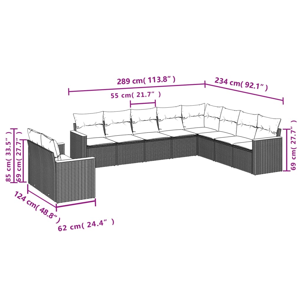 10-teiliges Gartensofa-Set mit Kissen, schwarzes Polyrattan