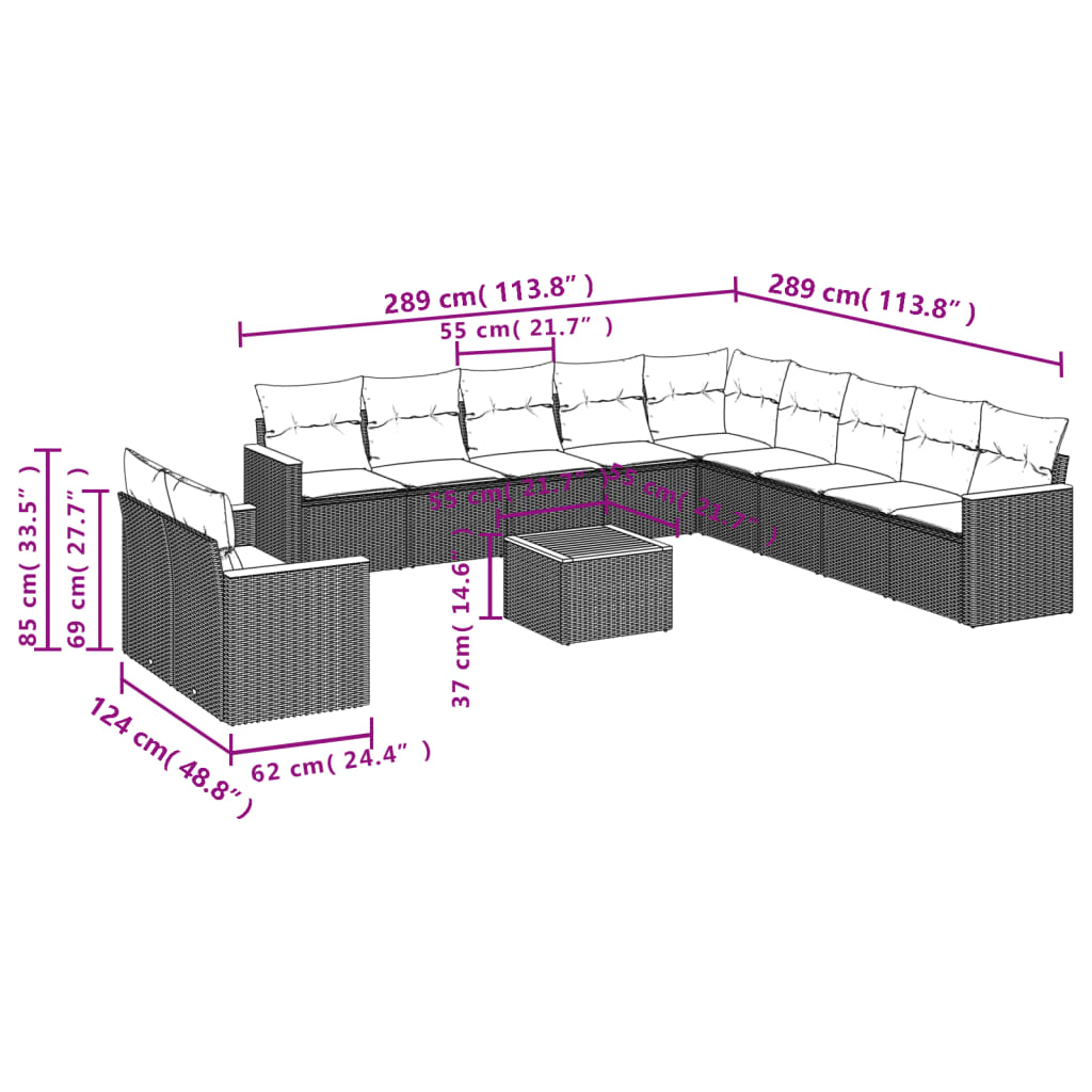 12-teiliges Gartensofa-Set mit Kissen, grau, Polyrattan
