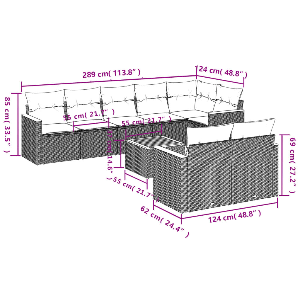9-teiliges Gartensofa-Set mit Kissen, grau, Polyrattan