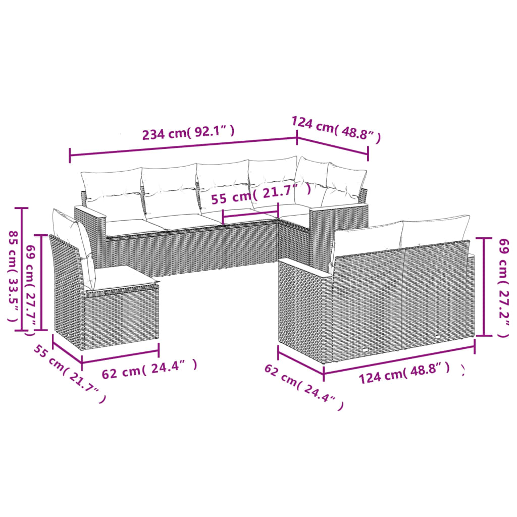 8-teiliges Gartensofa-Set mit Kissen, grau, Polyrattan