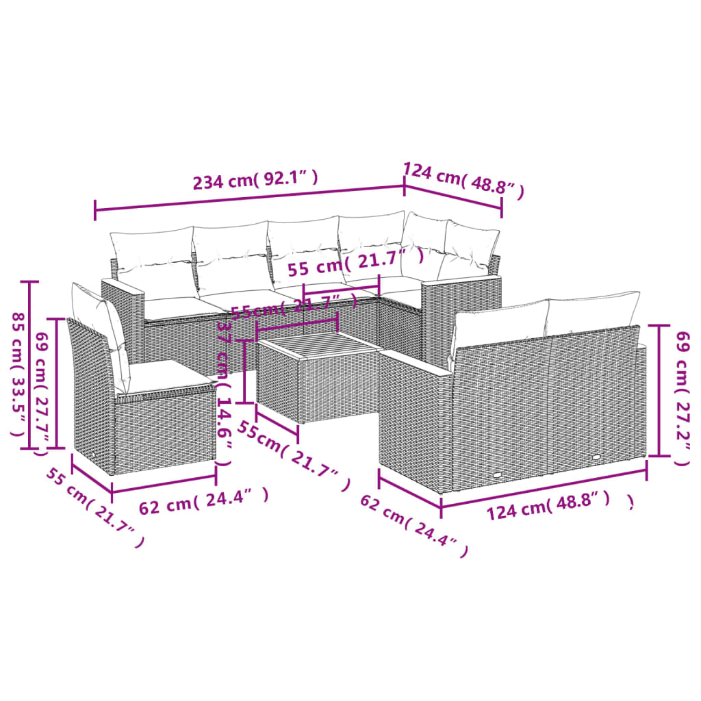 9-teiliges Gartensofa-Set mit Kissen, schwarzes Polyrattan