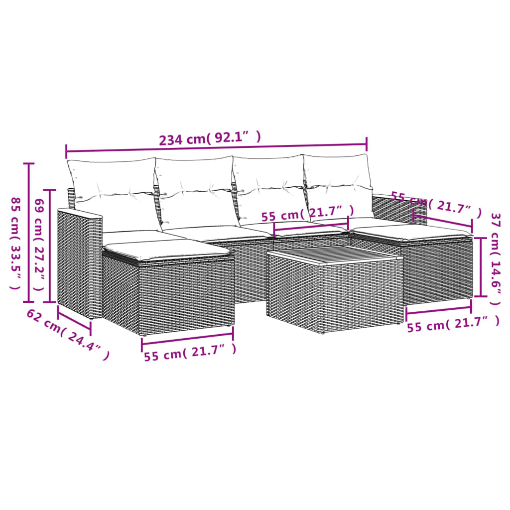 7-teiliges Gartensofa-Set mit Kissen, schwarzes Polyrattan