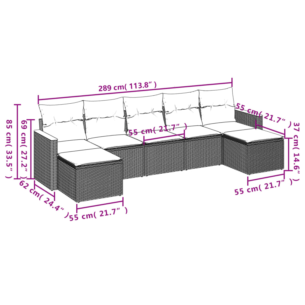 7-teiliges Gartensofa-Set mit Kissen, grau, Polyrattan