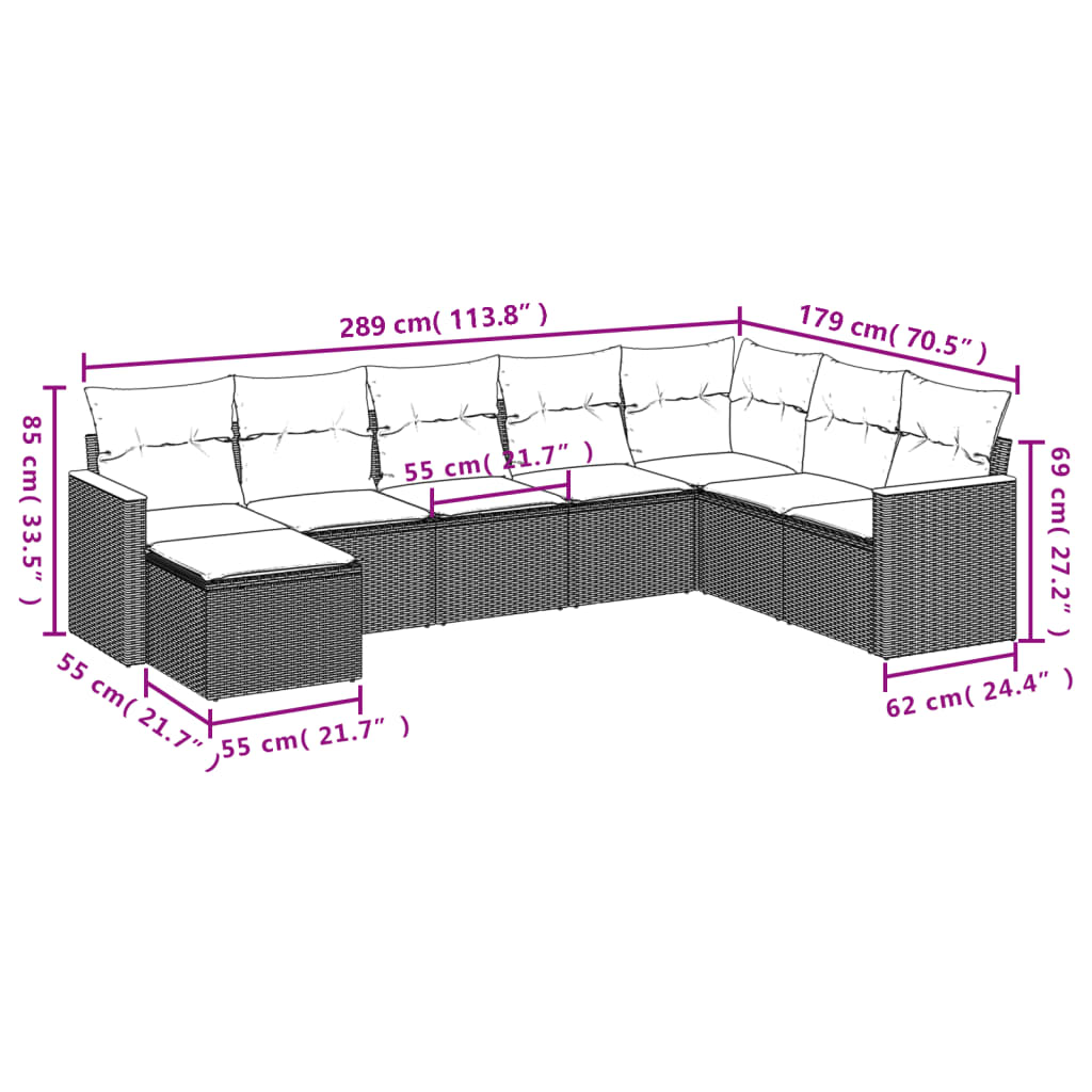 8-teiliges Gartensofa-Set mit Kissen, grau, Polyrattan