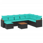9-teiliges Gartensofa-Set mit Kissen, schwarzes Polyrattan