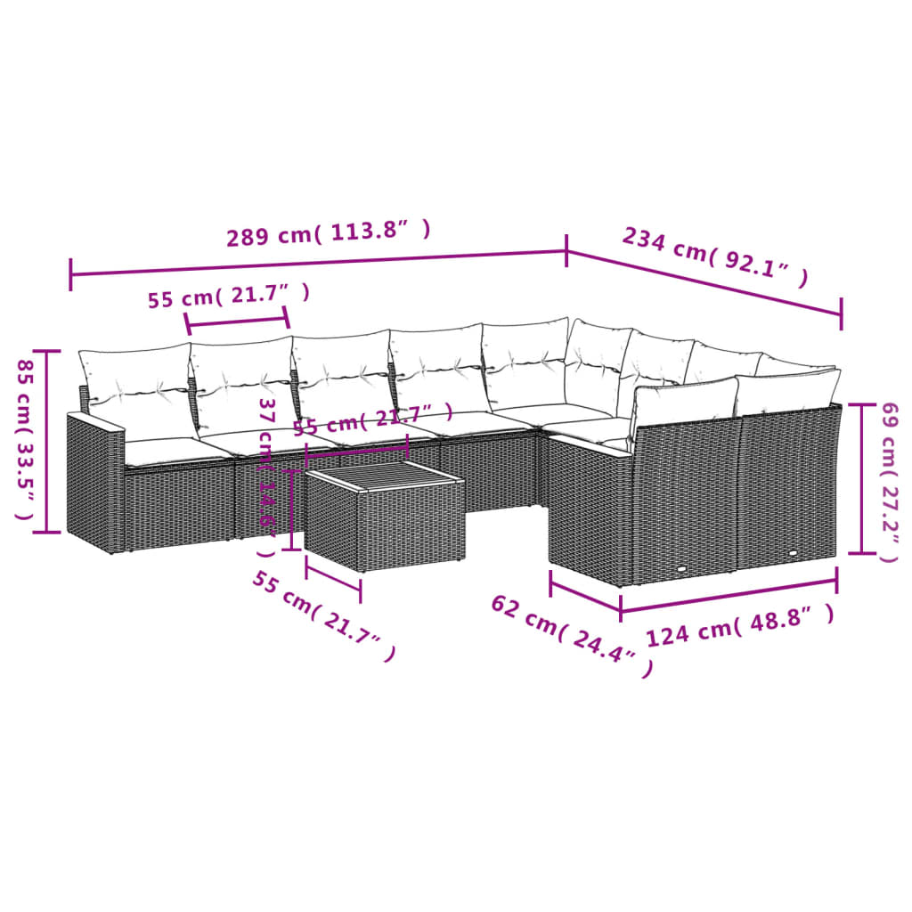 10-teiliges Gartensofa-Set mit Kissen, schwarzes Polyrattan