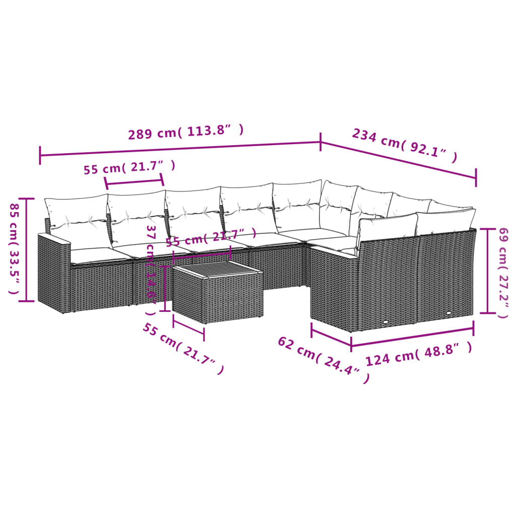 10-teiliges Gartensofa-Set mit Kissen, grau, Polyrattan