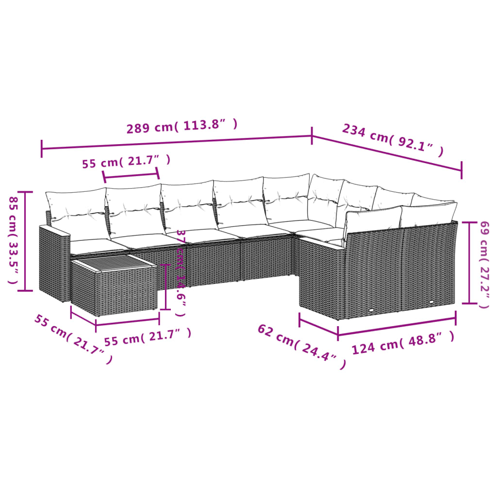 10-teiliges Gartensofa-Set mit Kissen, grau, Polyrattan