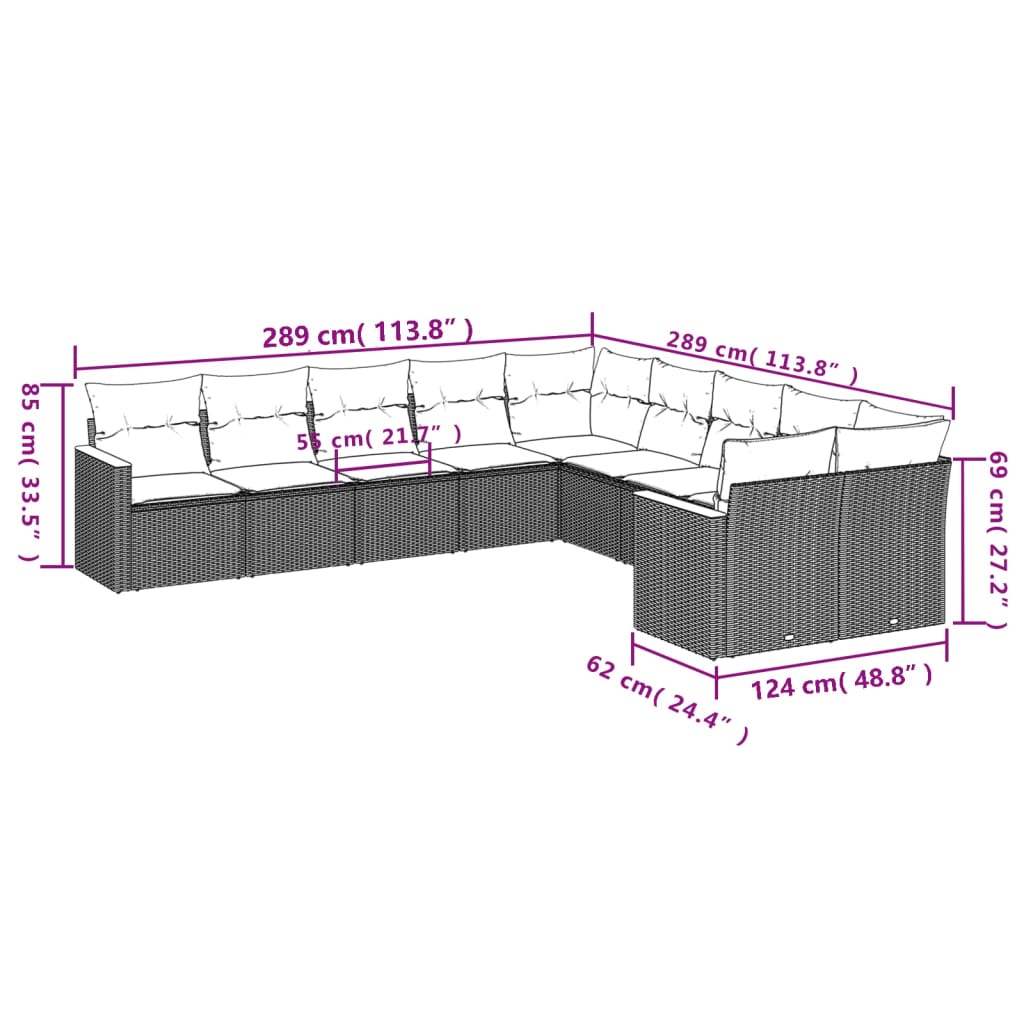 10-tlg. Garten-Sofagarnitur mit Kissen Grau Poly Rattan