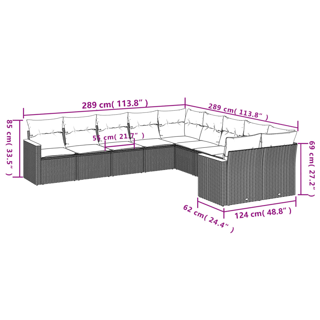10-teiliges Gartensofa-Set mit Kissen, grau, Polyrattan