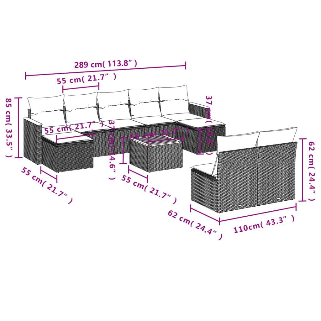 10-teiliges Gartensofa-Set mit Kissen, schwarzes Polyrattan