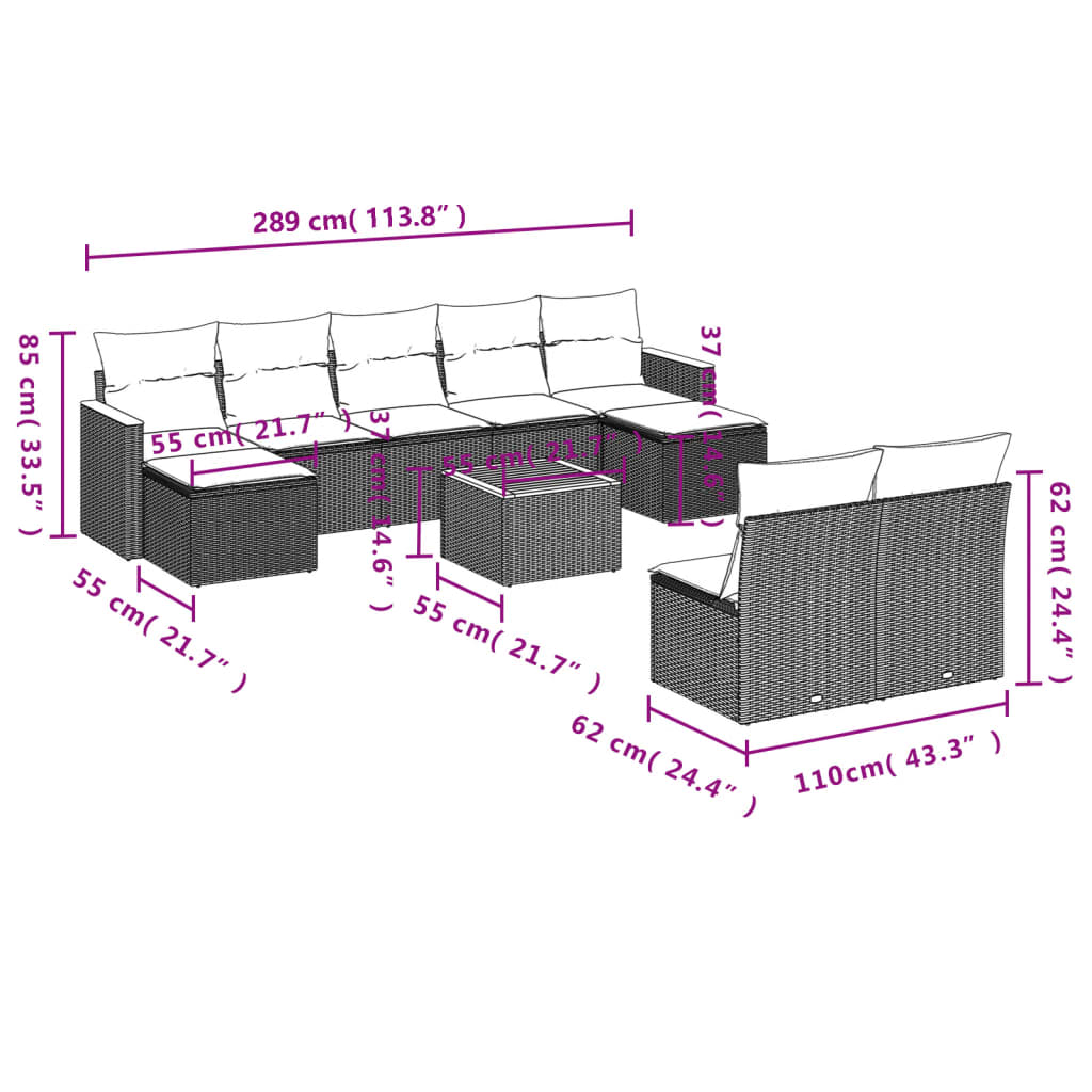 10-teiliges Gartensofa-Set mit Kissen, schwarzes Polyrattan