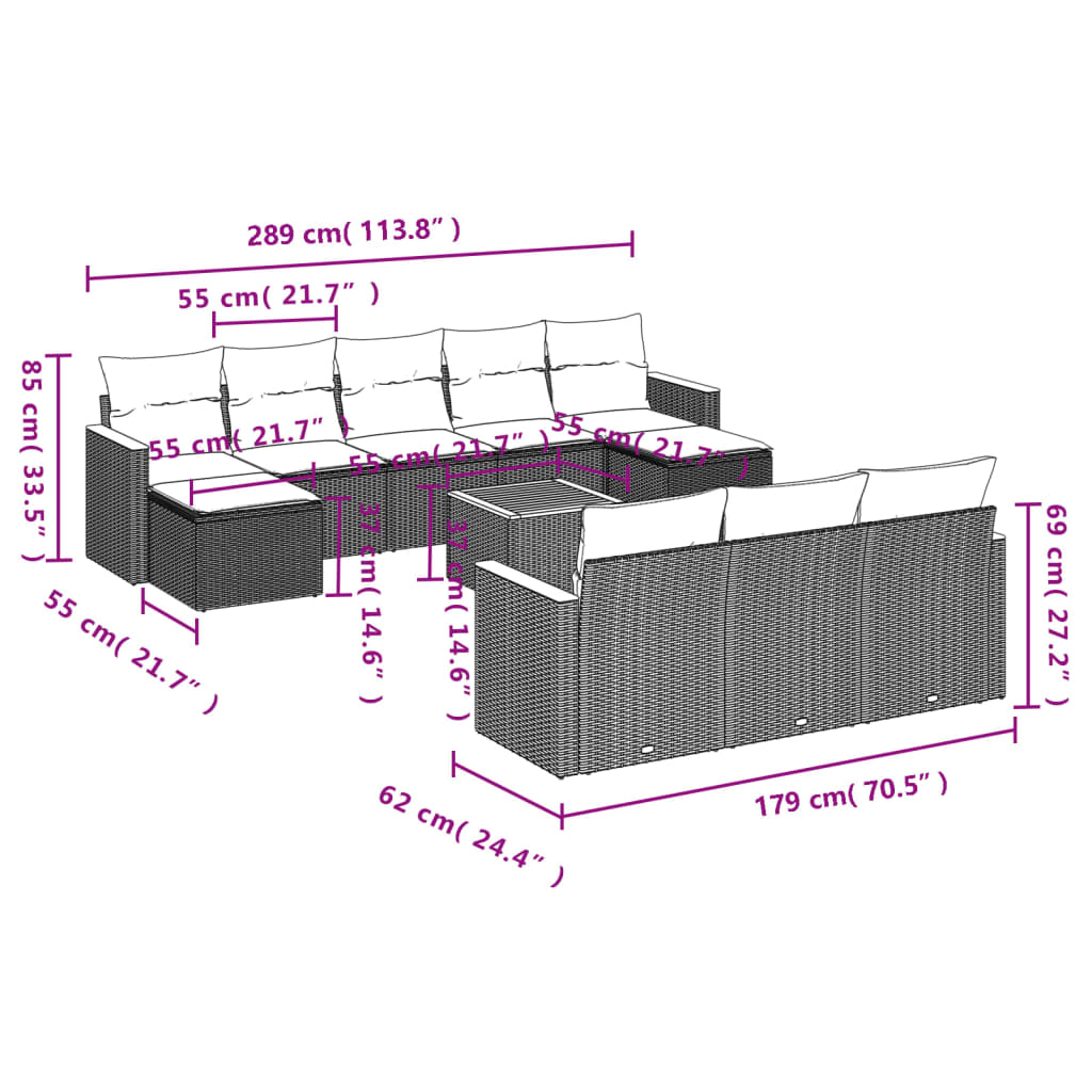 11-teiliges Gartensofa-Set mit Kissen, schwarzes Polyrattan