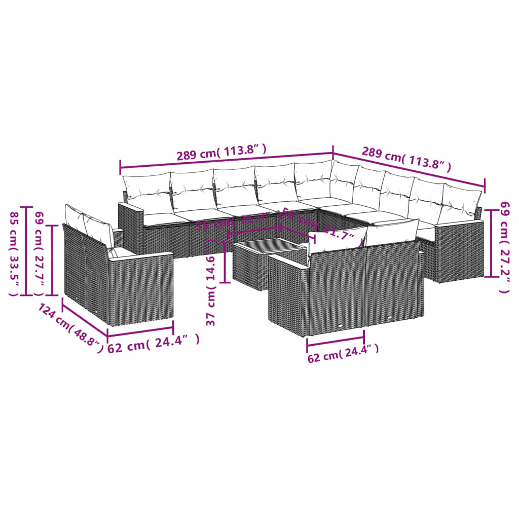 14-teiliges Gartensofa-Set mit Kissen, schwarzes Polyrattan