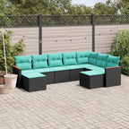 9-teiliges Gartensofa-Set mit Kissen, schwarzes Polyrattan