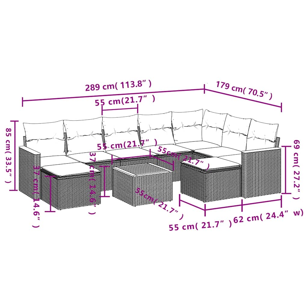 10-tlg. Garten-Sofagarnitur mit Kissen Schwarz Poly Rattan
