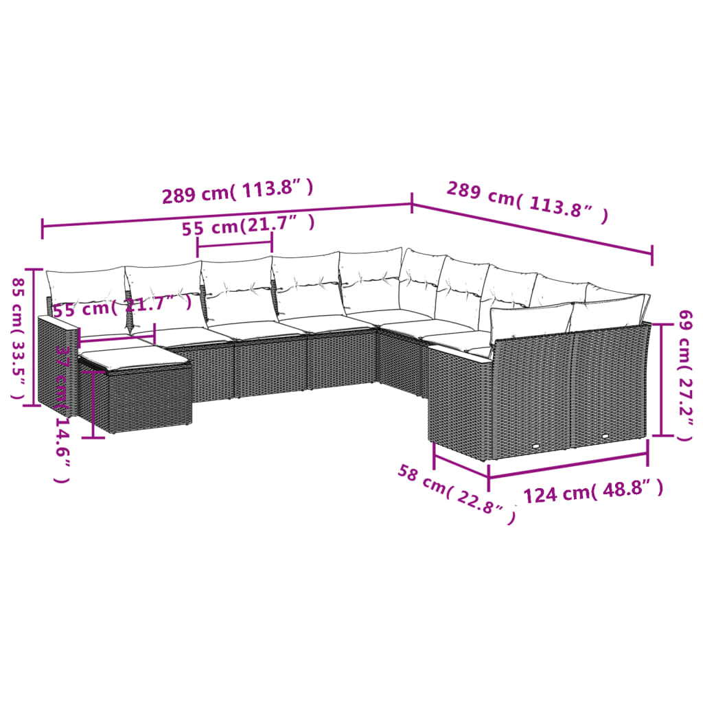 11-teiliges Gartensofa-Set mit Kissen, schwarzes Polyrattan