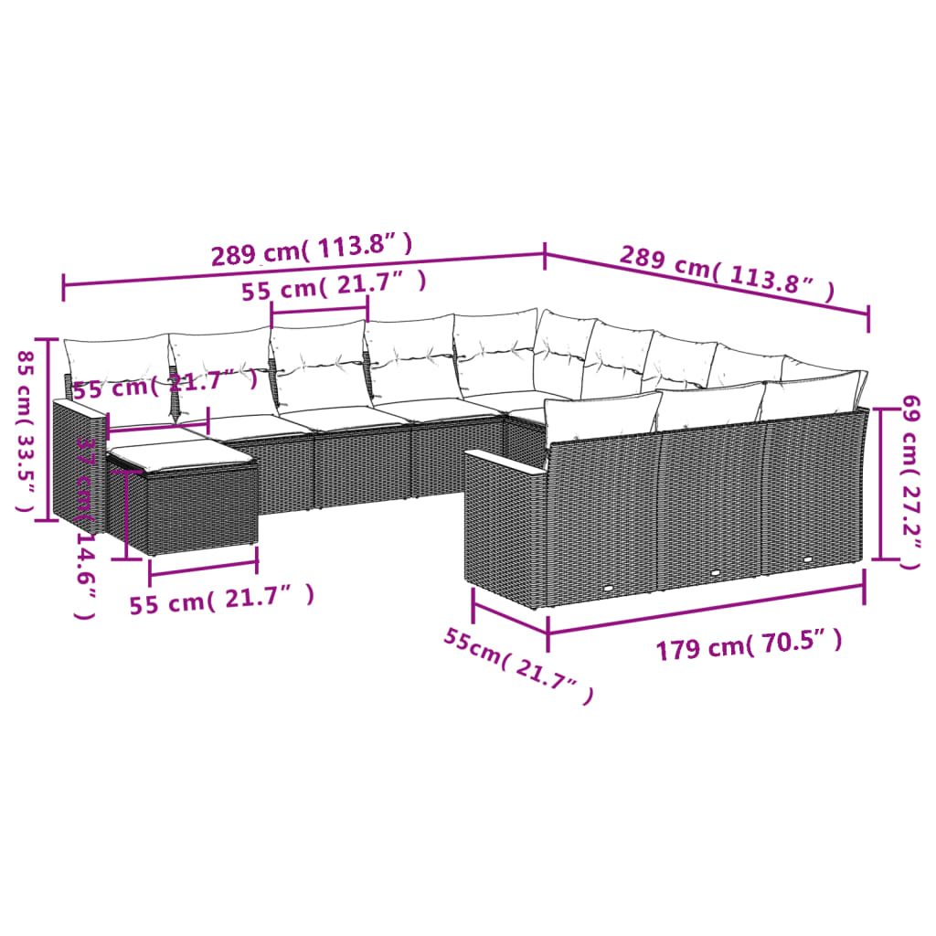 12-teiliges Gartensofa-Set mit Kissen, schwarzes Polyrattan