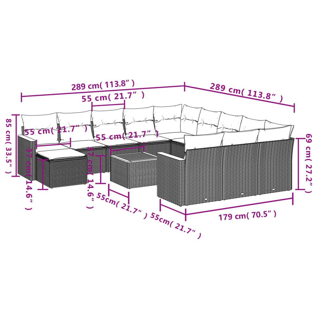 13-teiliges Gartensofa-Set mit Kissen, schwarzes Polyrattan