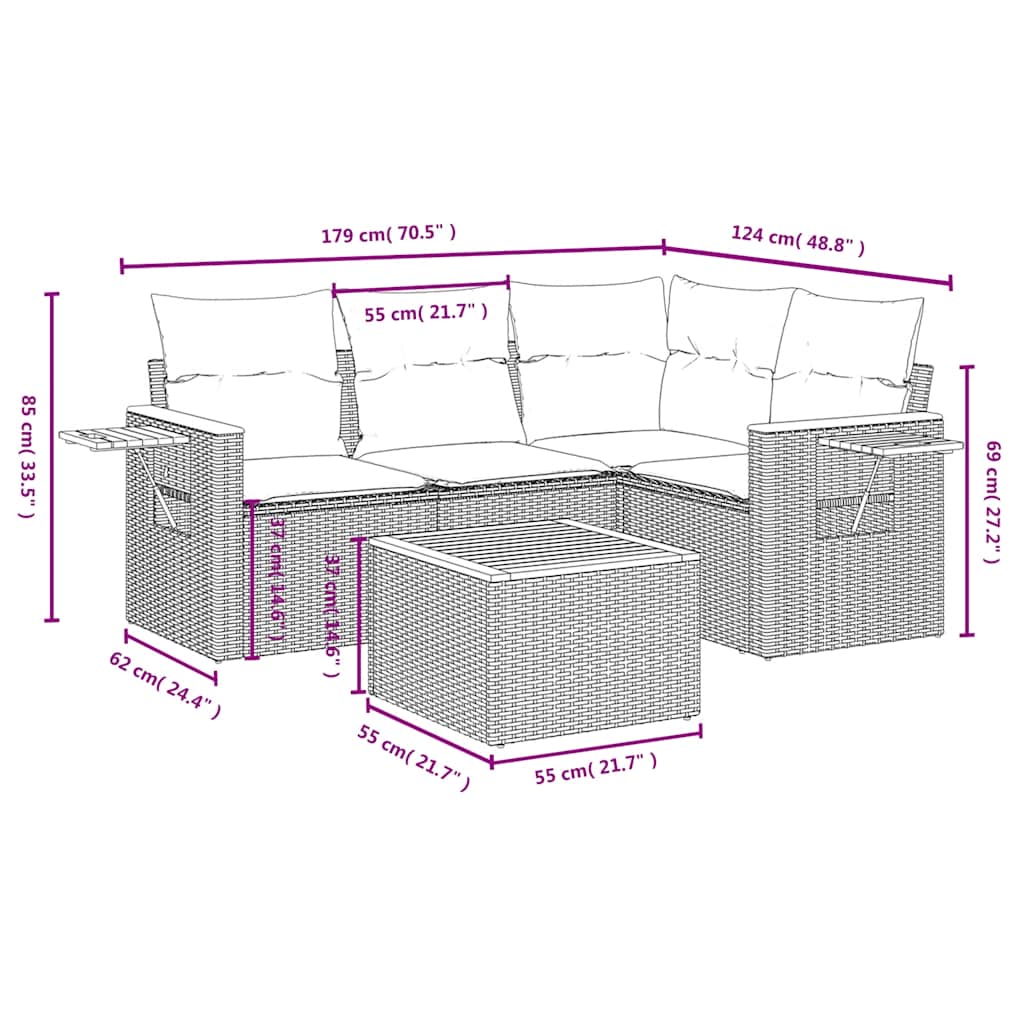 5-tlg. Garten-Sofagarnitur mit Kissen Grau Poly Rattan
