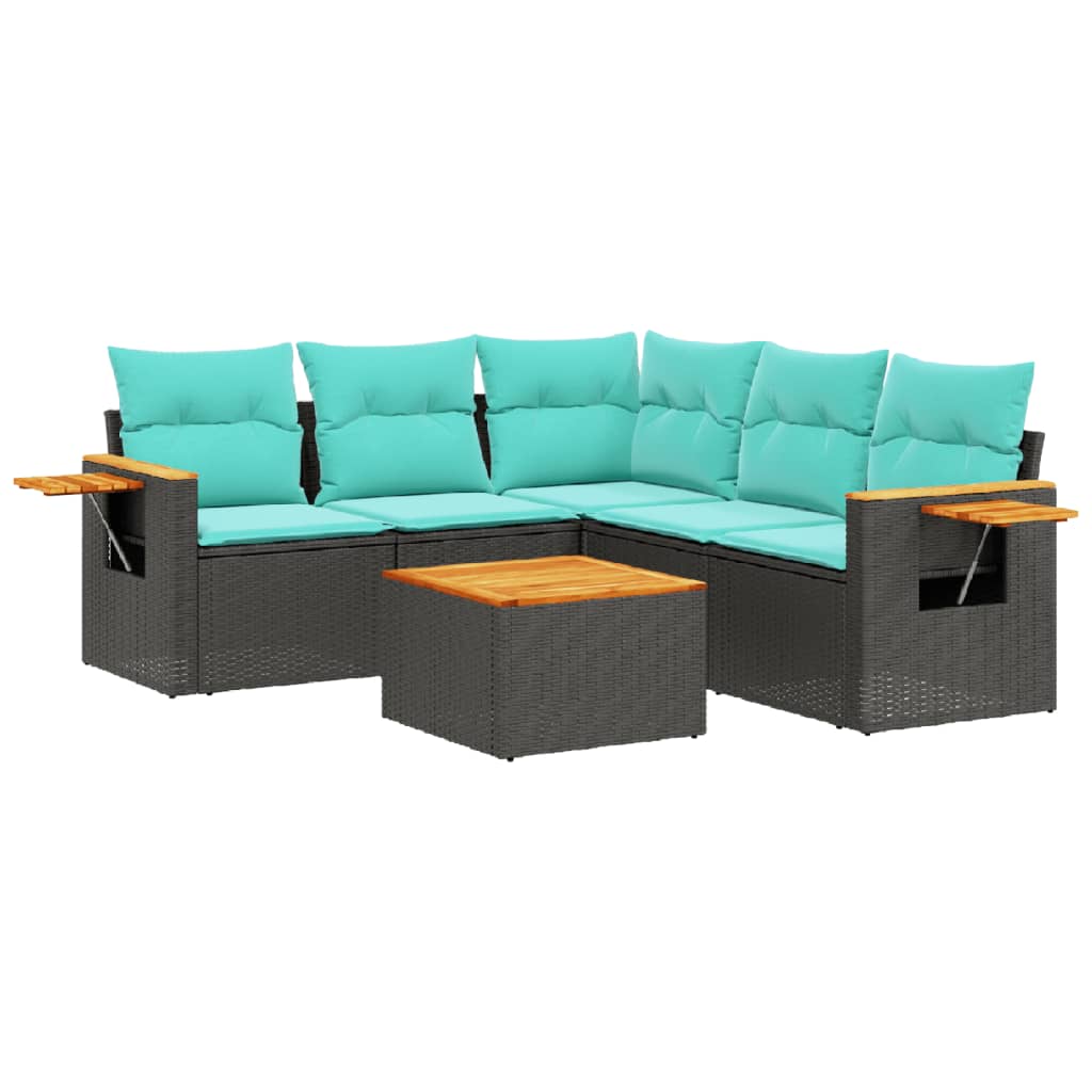6-tlg. Garten-Sofagarnitur mit Kissen Schwarz Poly Rattan