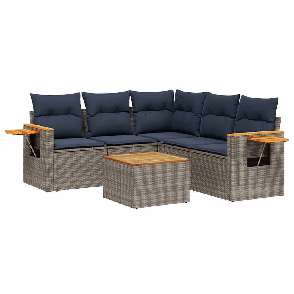 6-tlg. Garten-Sofagarnitur mit Kissen Grau Poly Rattan