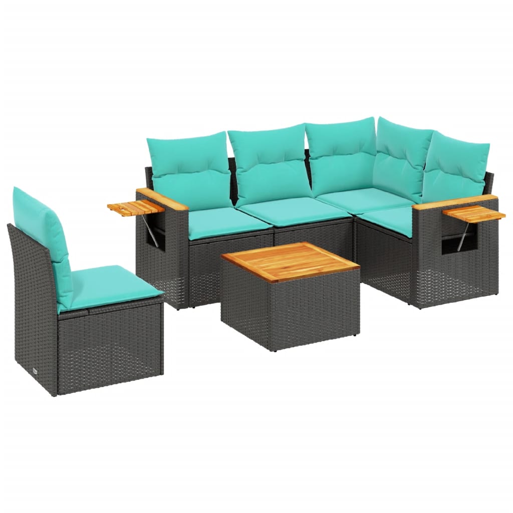 6-tlg. Garten-Sofagarnitur mit Kissen Schwarz Poly Rattan