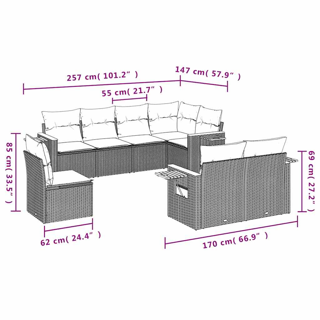 8-tlg. Garten-Sofagarnitur mit Kissen Grau Poly Rattan