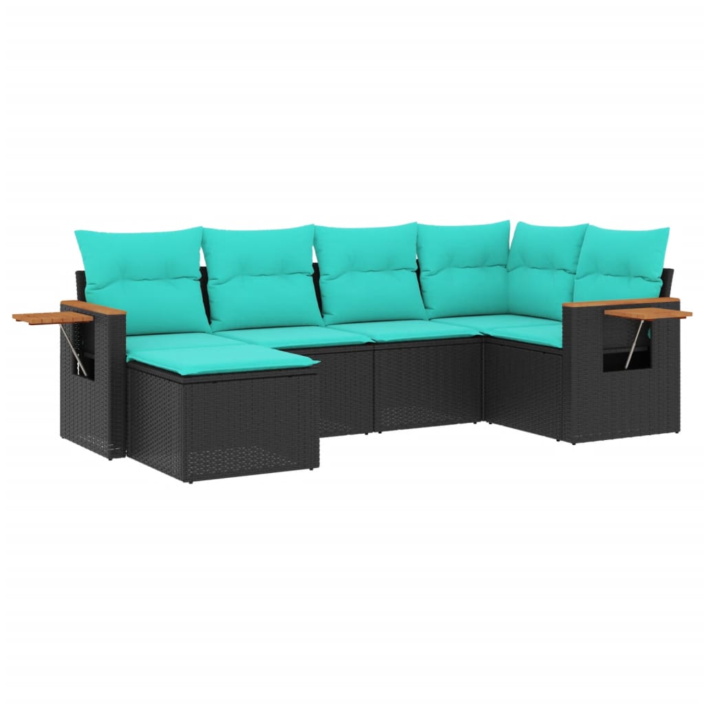 6-tlg. Garten-Sofagarnitur mit Kissen Schwarz Poly Rattan