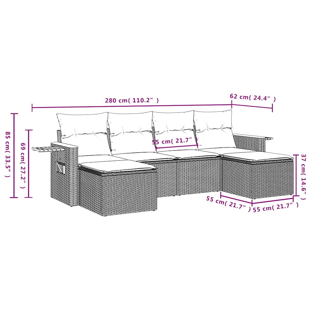 6-tlg. Garten-Sofagarnitur mit Kissen Grau Poly Rattan