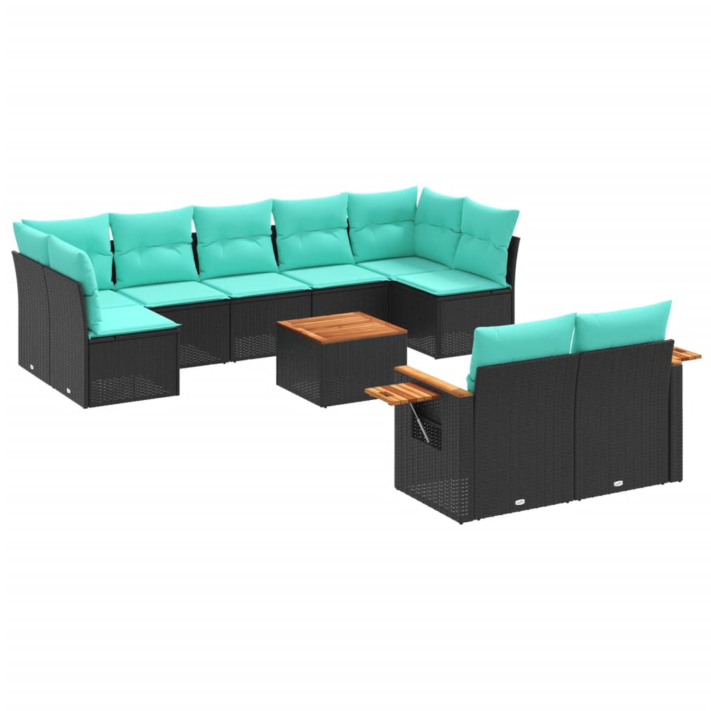 10-tlg. Garten-Sofagarnitur mit Kissen Schwarz Poly Rattan