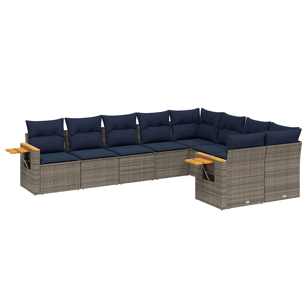 9-tlg. Garten-Sofagarnitur mit Kissen Grau Poly Rattan