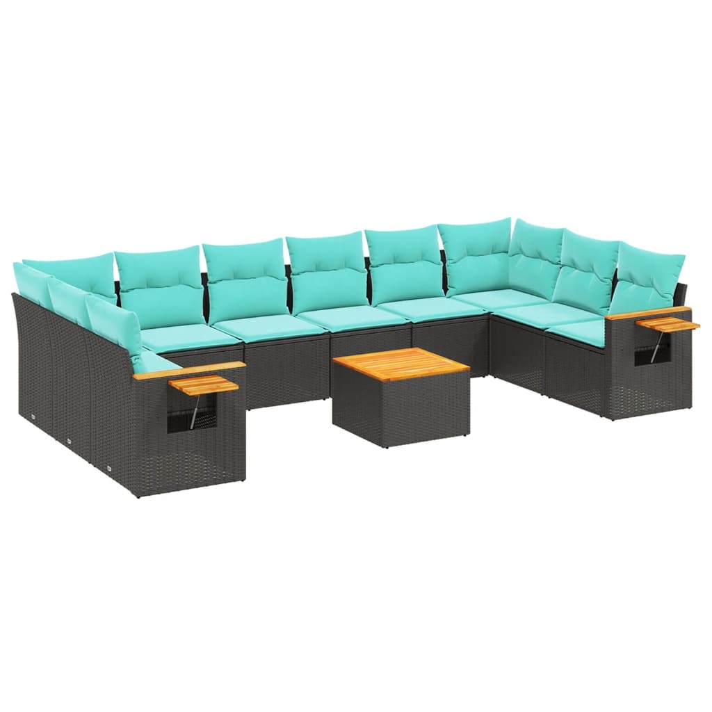 11-tlg. Garten-Sofagarnitur mit Kissen Schwarz Poly Rattan