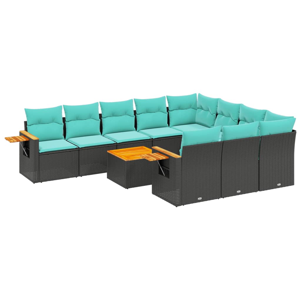 11-tlg. Garten-Sofagarnitur mit Kissen Schwarz Poly Rattan