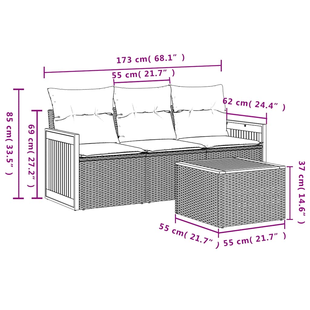 4-tlg. Garten-Sofagarnitur mit Kissen Schwarz Poly Rattan