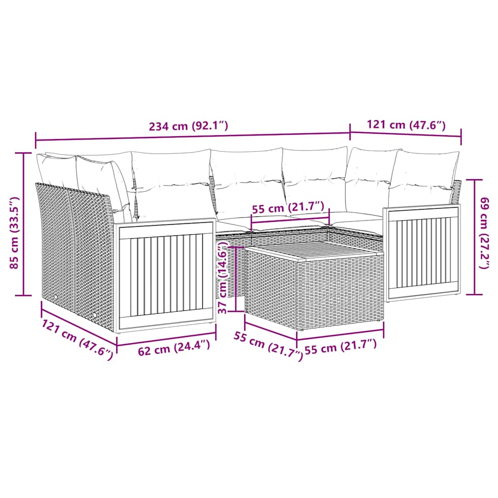 7-teiliges Gartensofa-Set mit Kissen, grau, Polyrattan