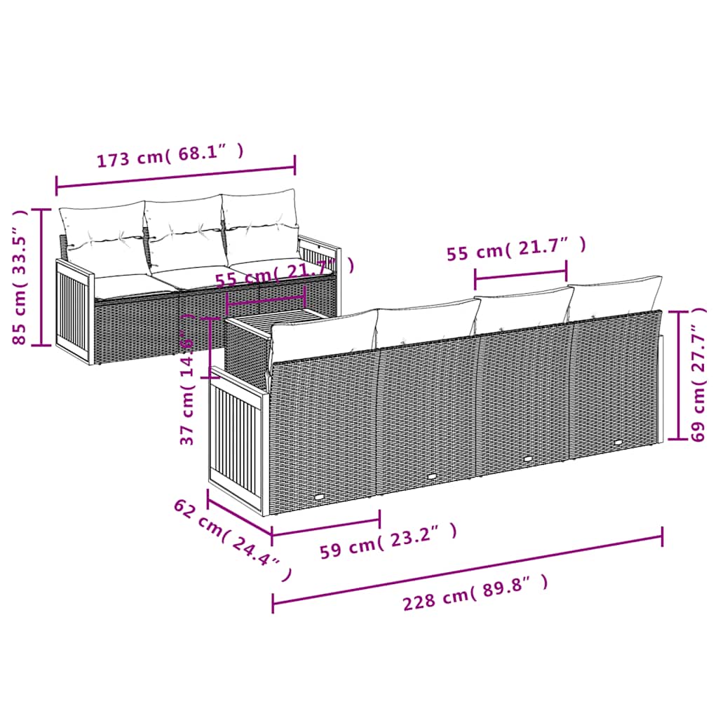 8-teiliges Gartensofa-Set mit Kissen, grau, Polyrattan