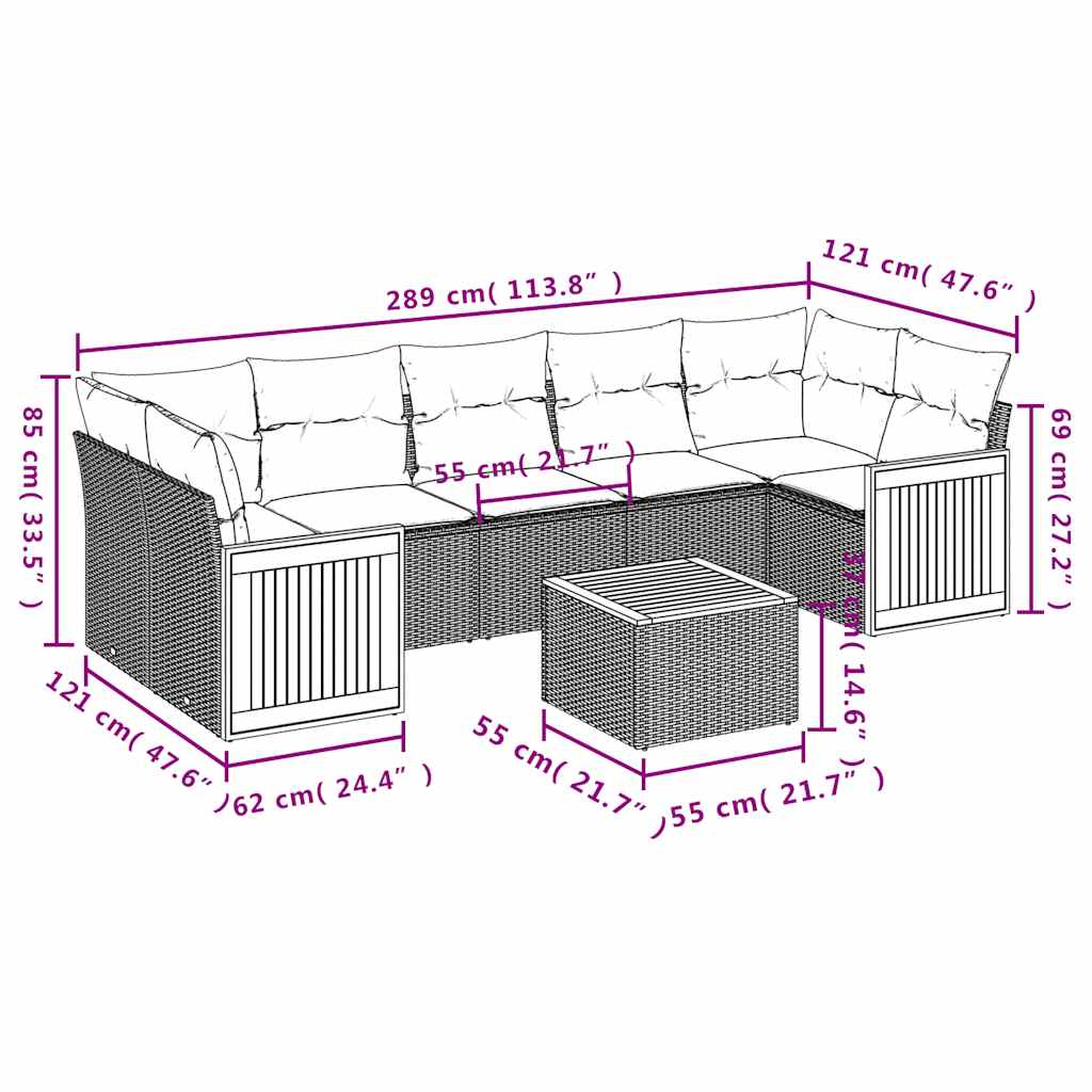 8-teiliges Gartensofa-Set mit Kissen, grau, Polyrattan