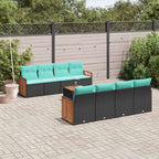 9-teiliges Gartensofa-Set mit Kissen, schwarzes Polyrattan