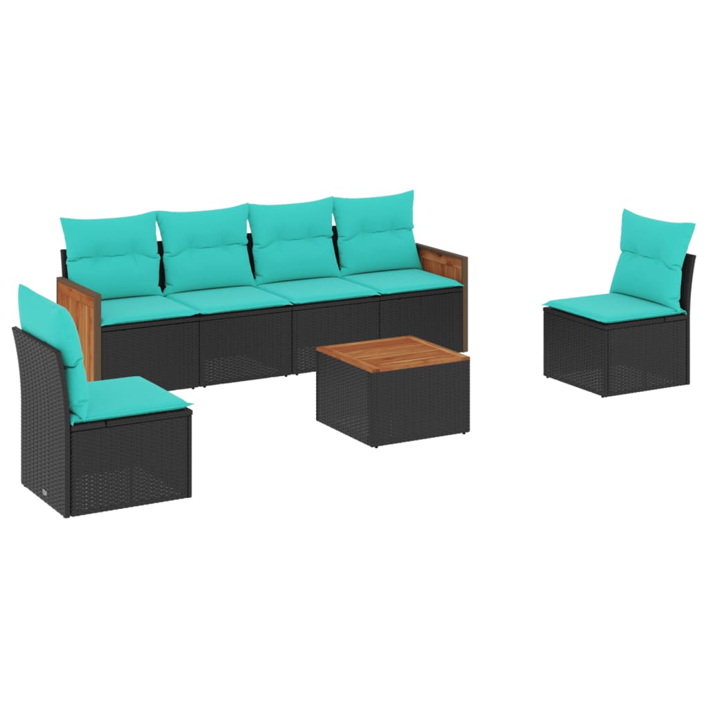 7-teiliges Gartensofa-Set mit Kissen, schwarzes Polyrattan