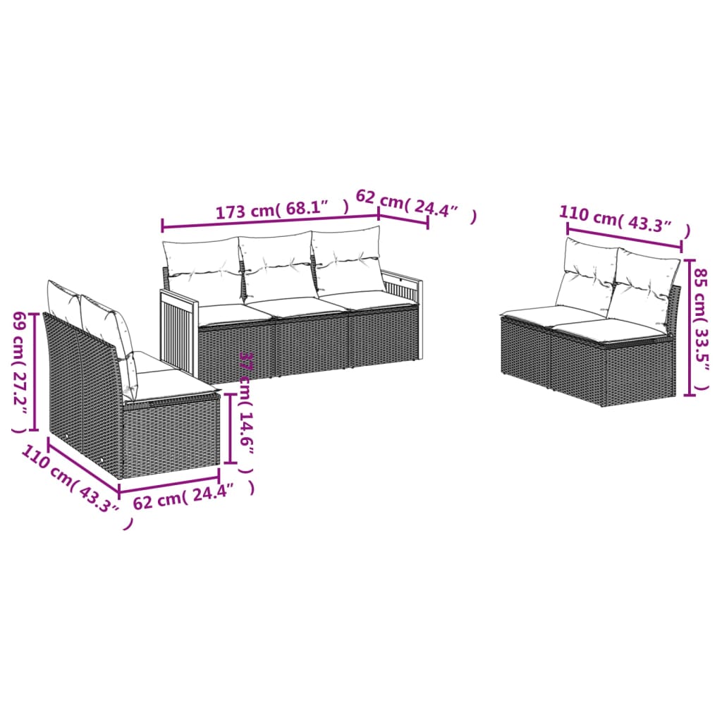 7-tlg. Garten-Sofagarnitur mit Kissen Grau Poly Rattan