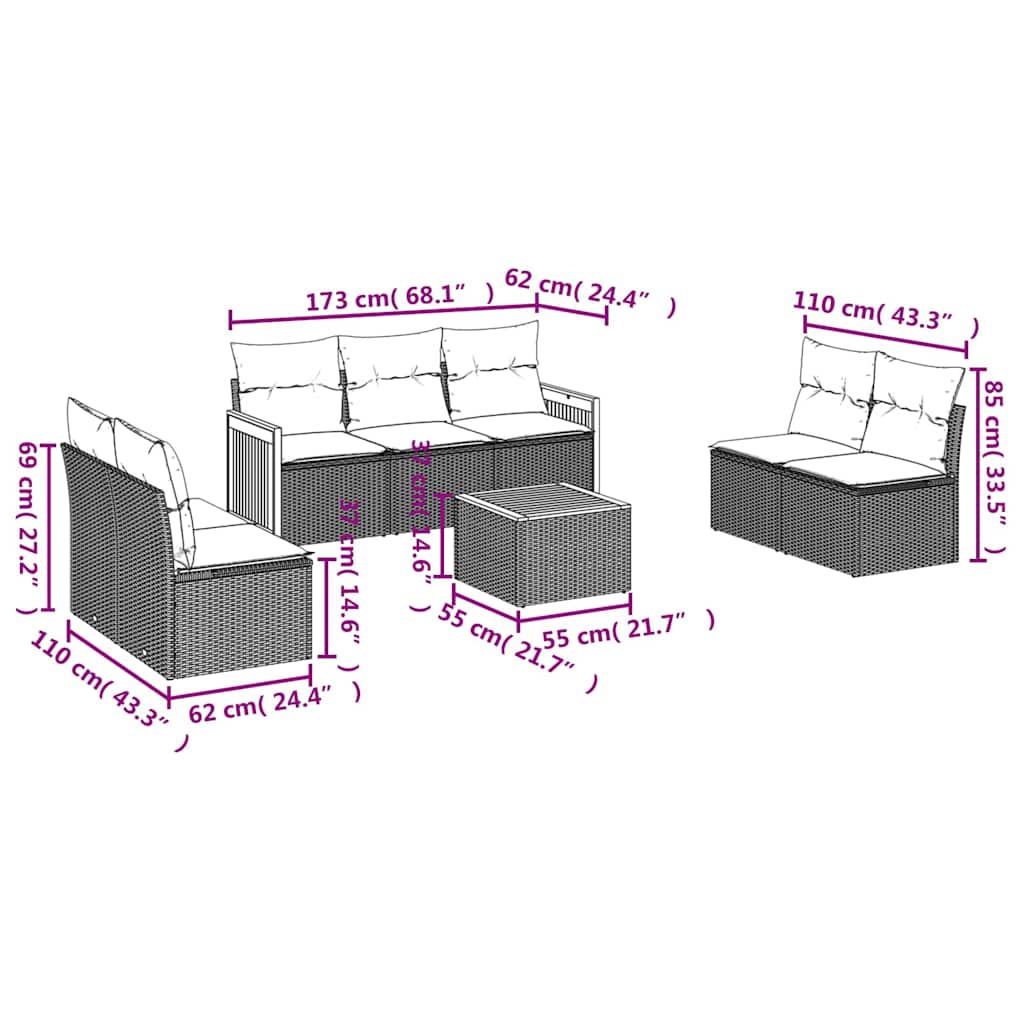 8-tlg. Garten-Sofagarnitur mit Kissen Schwarz Poly Rattan