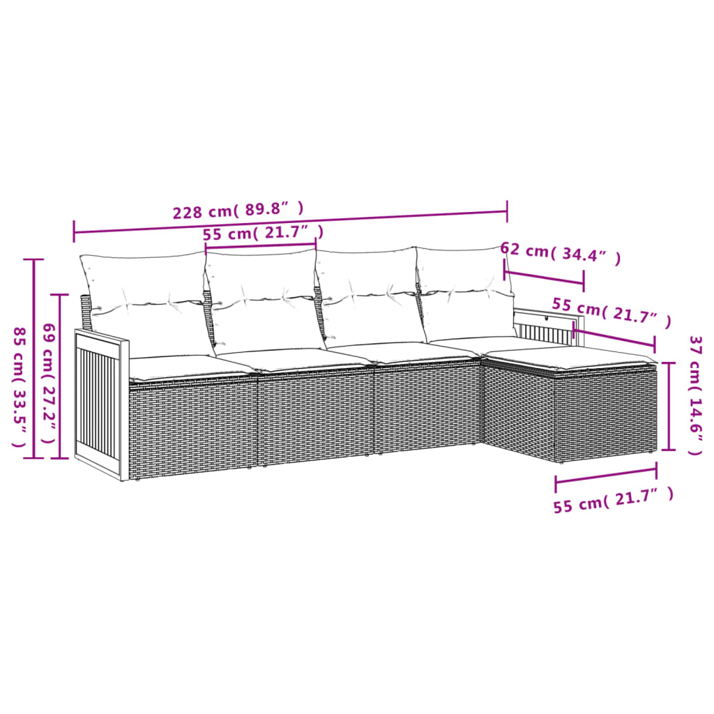 5-teiliges Gartensofa-Set mit Kissen, schwarzes Polyrattan