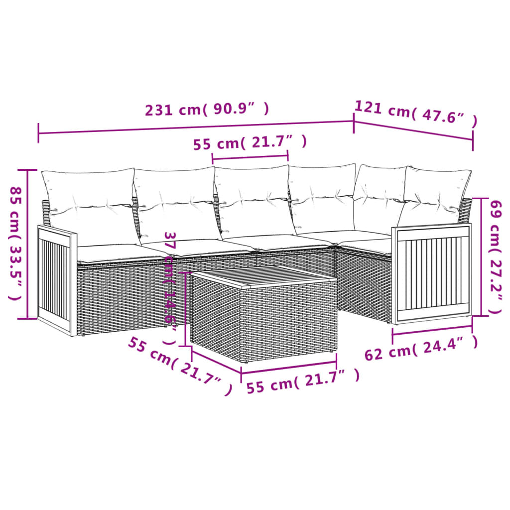 6-teiliges Gartensofa-Set mit Kissen, schwarzes Polyrattan