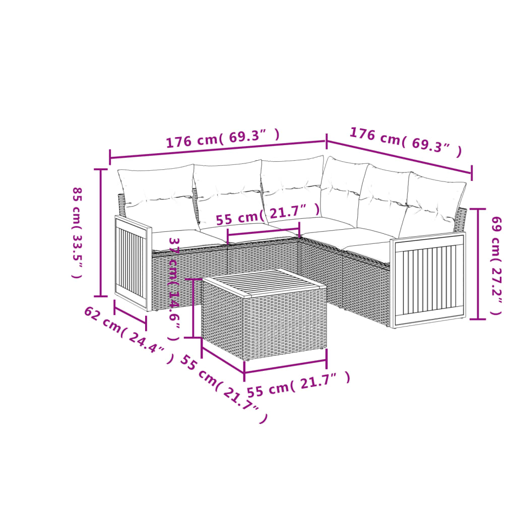 6-tlg. Garten-Sofagarnitur mit Kissen Grau Poly Rattan