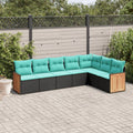 7-teiliges Gartensofa-Set mit Kissen, schwarzes Polyrattan