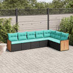 7-teiliges Gartensofa-Set mit Kissen, schwarzes Polyrattan