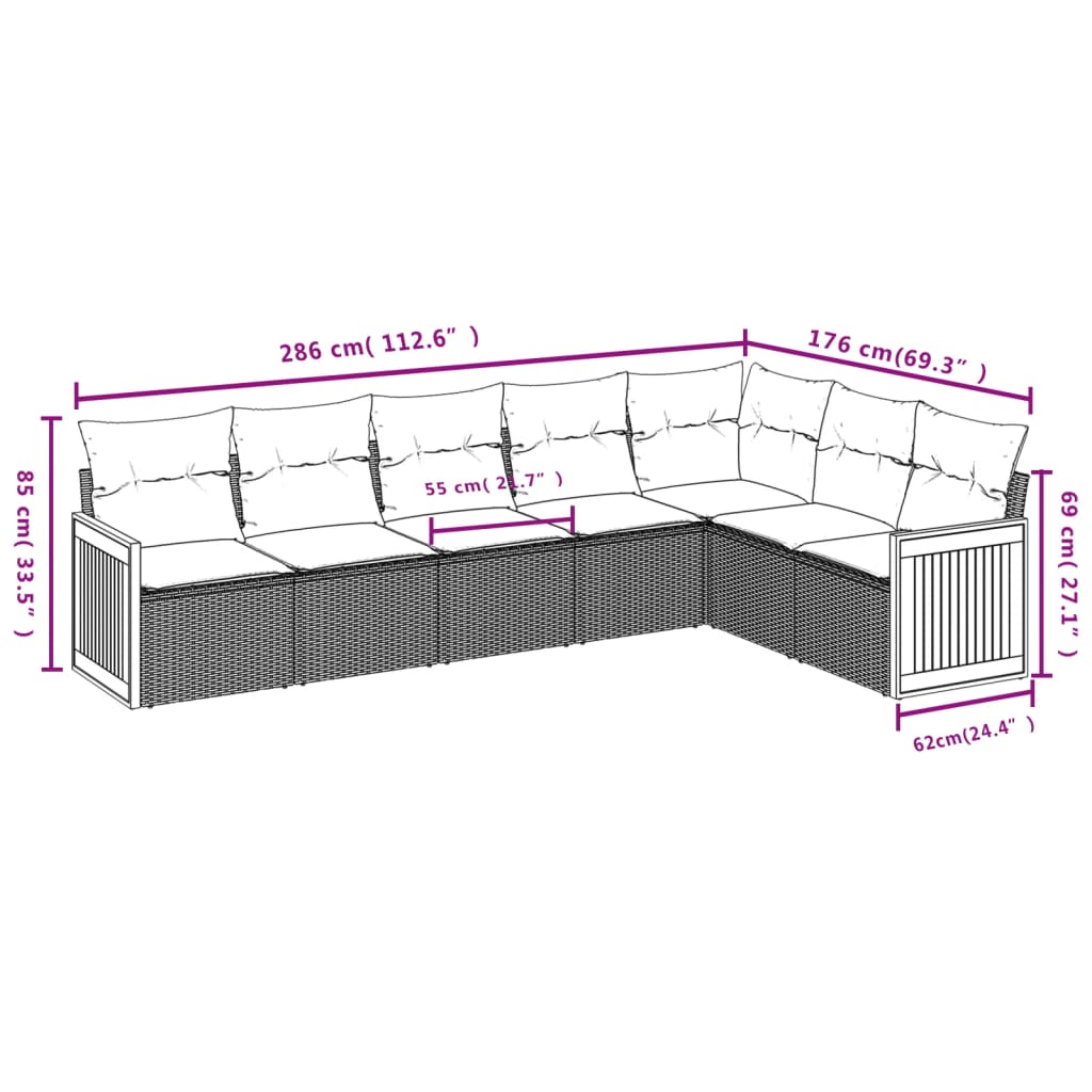 7-teiliges Gartensofa-Set mit Kissen, grau, Polyrattan