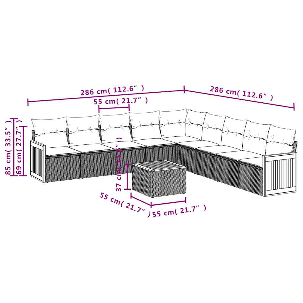 10-tlg. Garten-Sofagarnitur mit Kissen Schwarz Poly Rattan