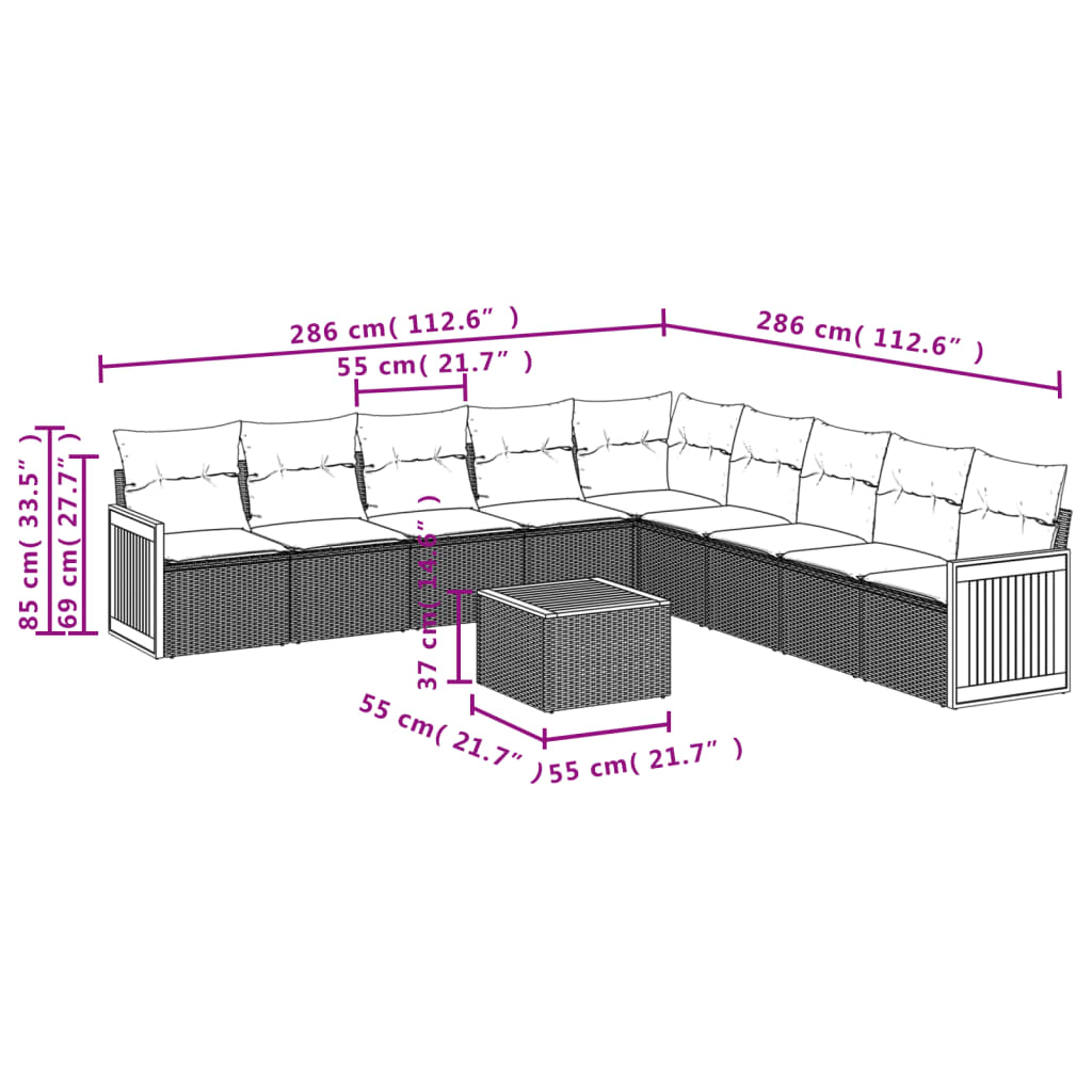 10-teiliges Gartensofa-Set mit Kissen, schwarzes Polyrattan